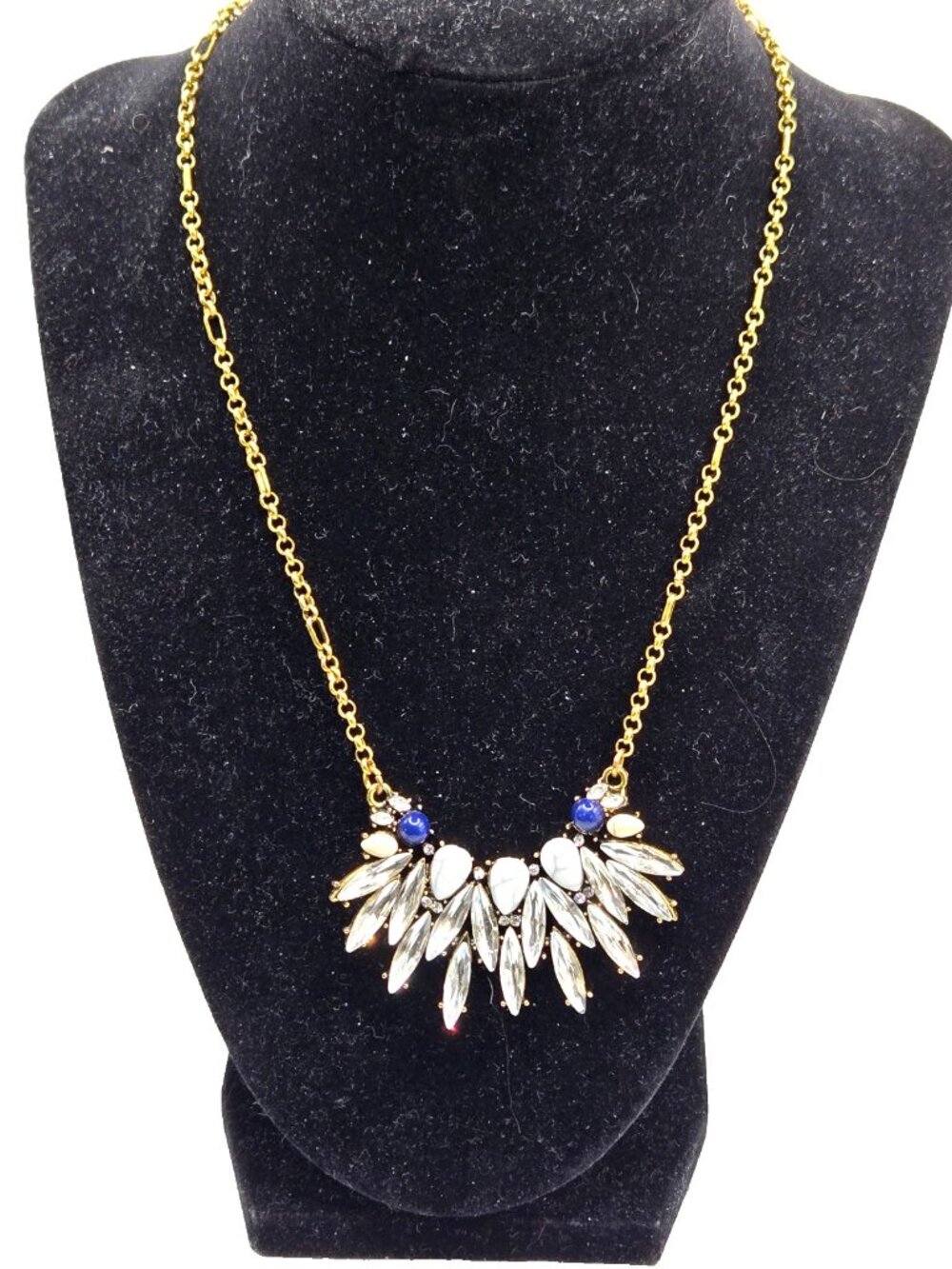 Statement Rhinestone Bib Necklace Gold Tone Clear Marquise Crystals White Blue C